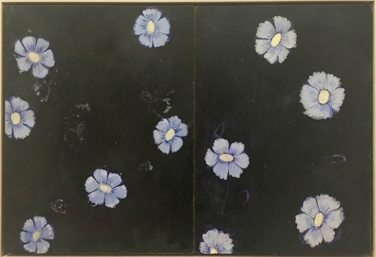 KATE DAW Blue Flowers (when we slept in the studio you gave me some good ideas) 2015 oil paint on found blackboard 41.5 x 60.5 cm (framed) Image courtesy the artist and Sarah Scout Presents